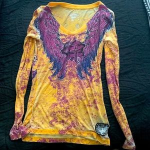 Rock & Roll Cowgirl Angel Wing Tattoo L/S Top S